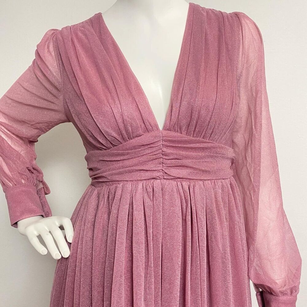 Faeriesty Dusty Rose VNeck Shear Long Sleeve Bridesmaid Dress Ruched A-line Sz S - Picture 6 of 12